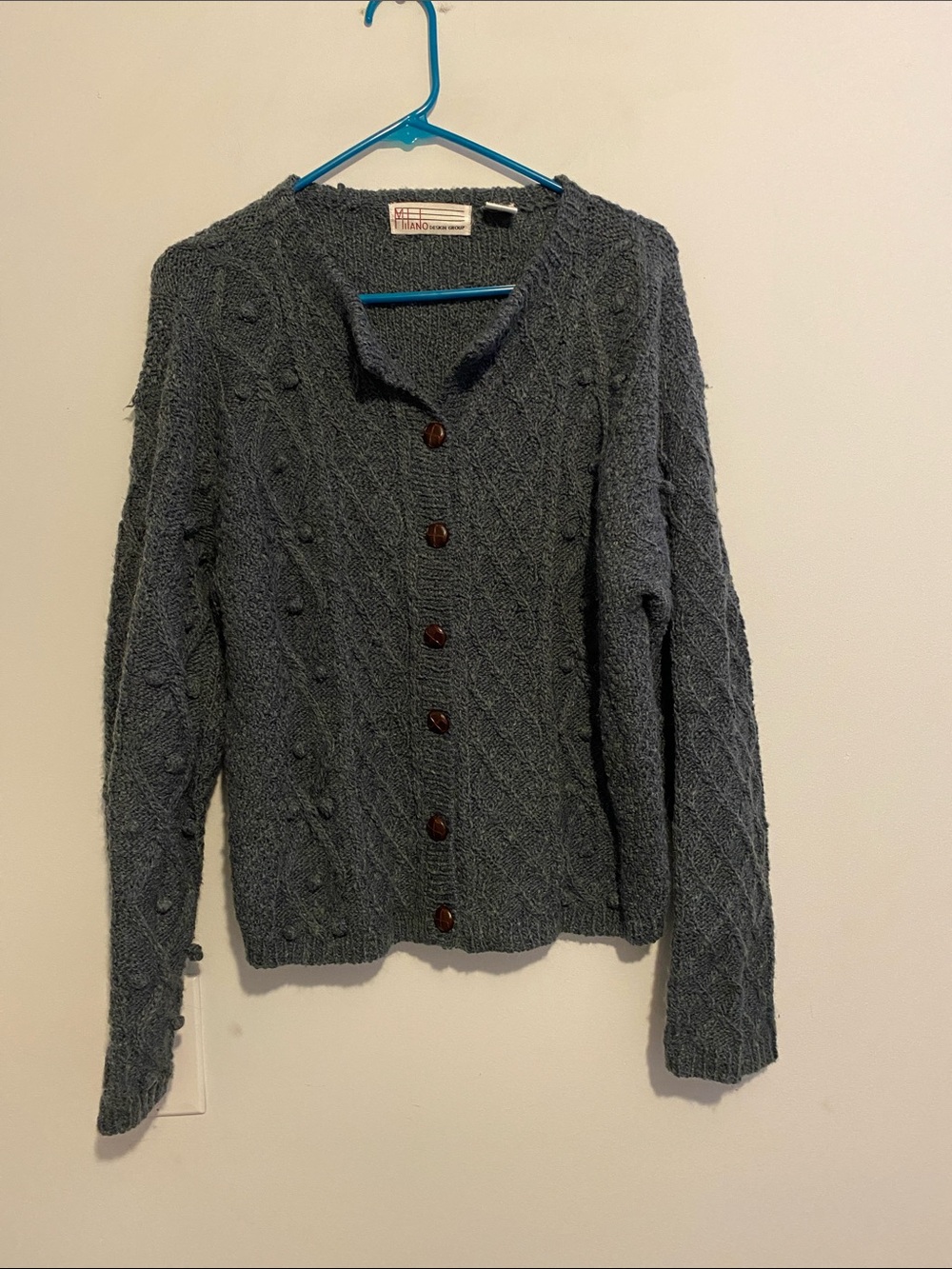Milano Slate Gray Cable-Knit Button Cardigan, missing top button.